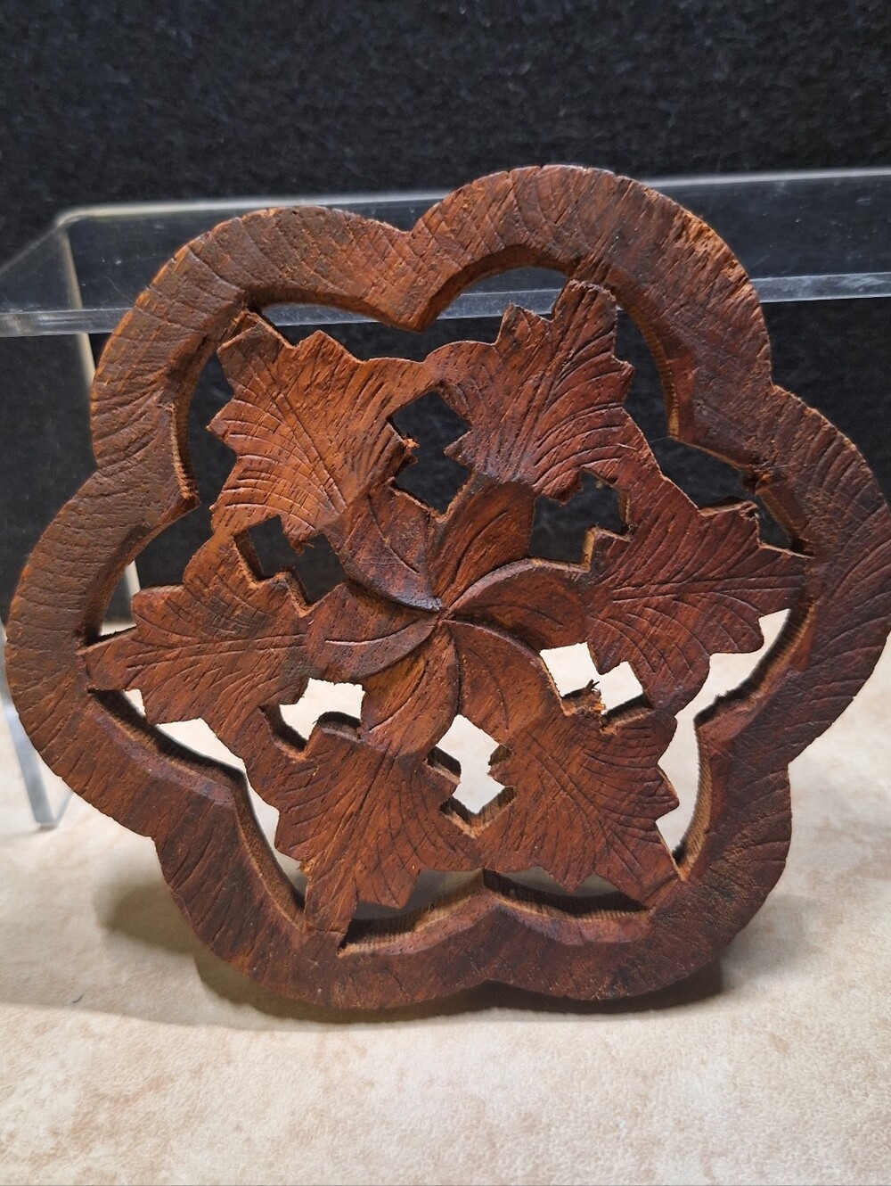Boho Hand Carved Wood Trivet Plant Stand Hot Pad Floral Inlaid India Lot (3) VTG - Picture 9 of 11
